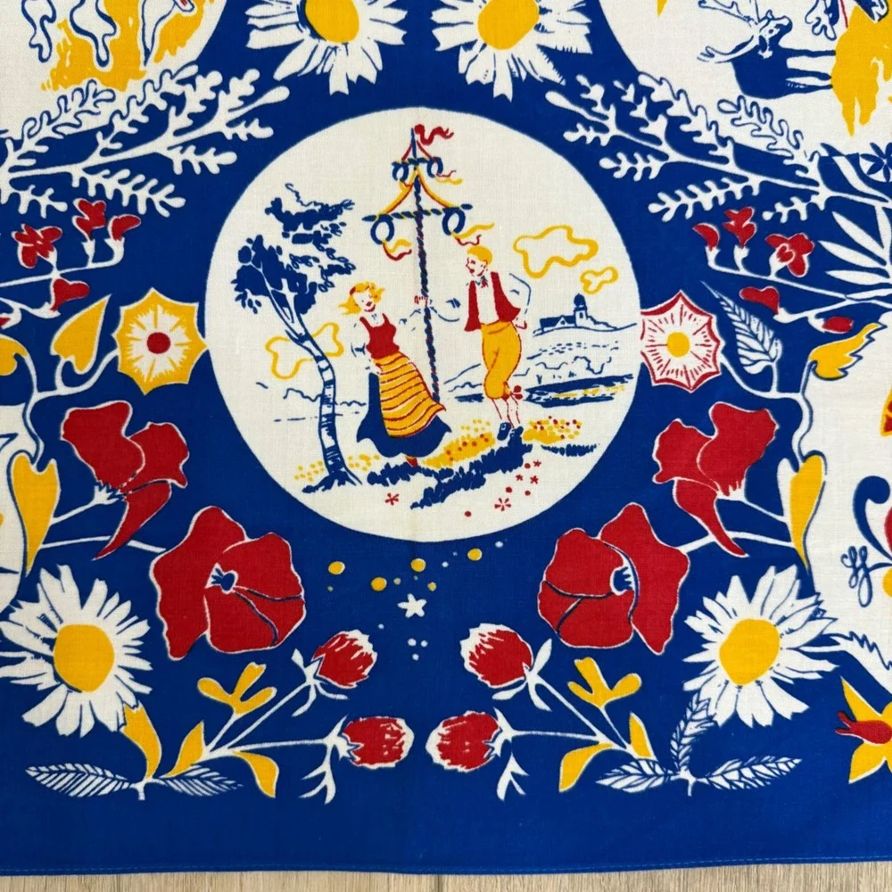 Vintage Swedish Bandanna Scarf Ahrnebergs AB Hand Printed Blue Folk Art 25
